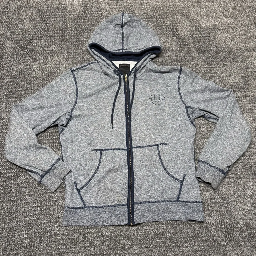 Vintage True Religion Hoodie Mens‎ Medium M Gray Cotton Knit Horseshoe Logo